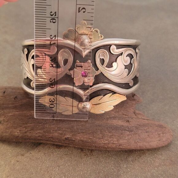 Lopez Bros. Silversmith Handcrafted Engraved Sterling 14k Flourish Cuff Bracelet - Picture 9 of 13